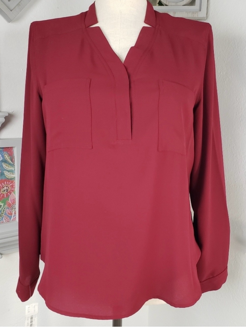 Nine West Women's Long-Sleeve V-Neck Blouse in Wine